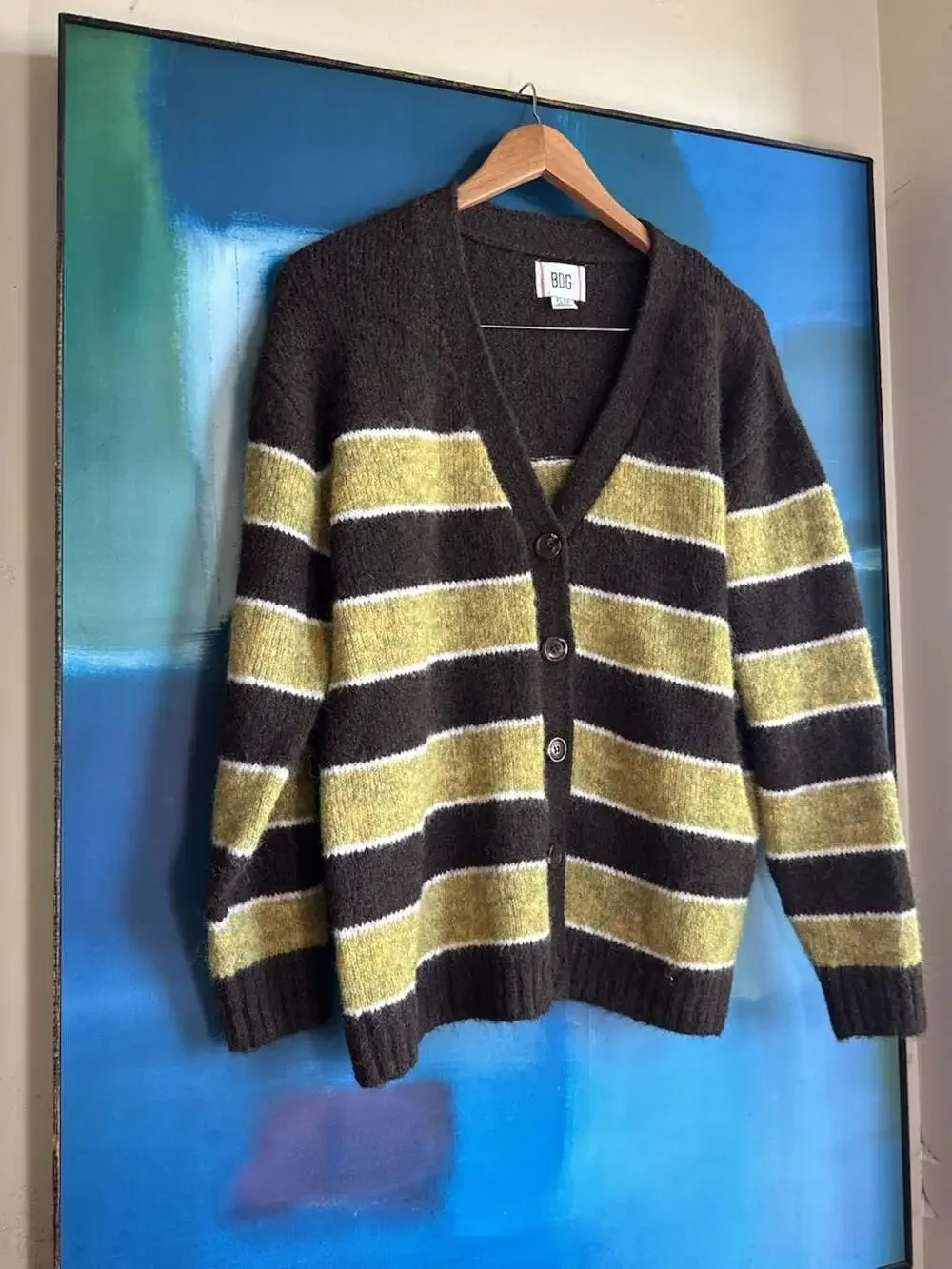 BDG Oversized Striped V-Neck Button-Front Cardigan in Brown/Green